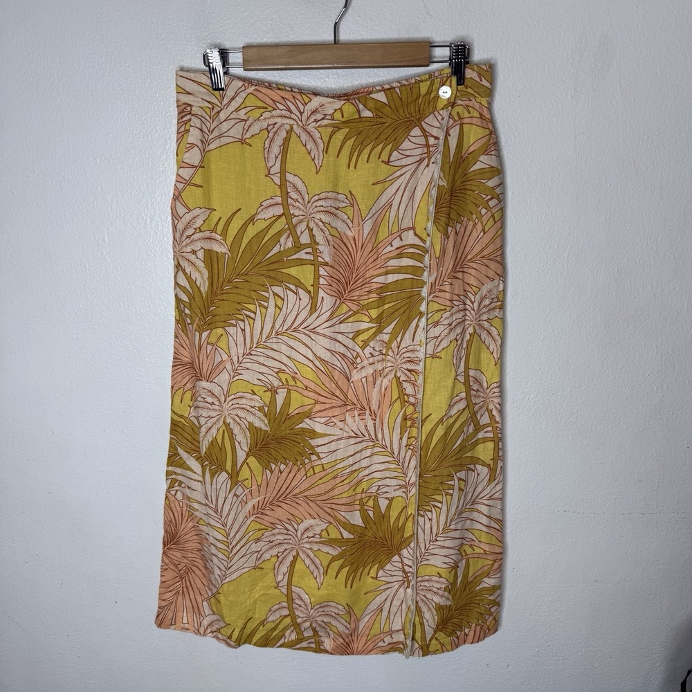 Tahari 100% Linen Wrap Tropical Midi Skirt Vacation Resort Women's Large